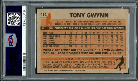 Tony Gwynn Autographed 1983 Topps Rookie Card #482 San Diego Padres PSA 6 Auto Grade Gem Mint 10 PSA/DNA #72706019