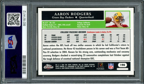 Aaron Rodgers Autographed 2005 Topps Chrome Rookie Card #190 Green Bay Packers PSA/DNA #80161412
