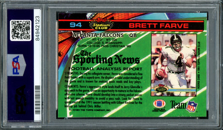 Brett Favre Autographed 1991 Stadium Club Rookie Card #94 Green Bay Packers PSA 8 Auto Grade Gem Mint 10 PSA/DNA #84942123