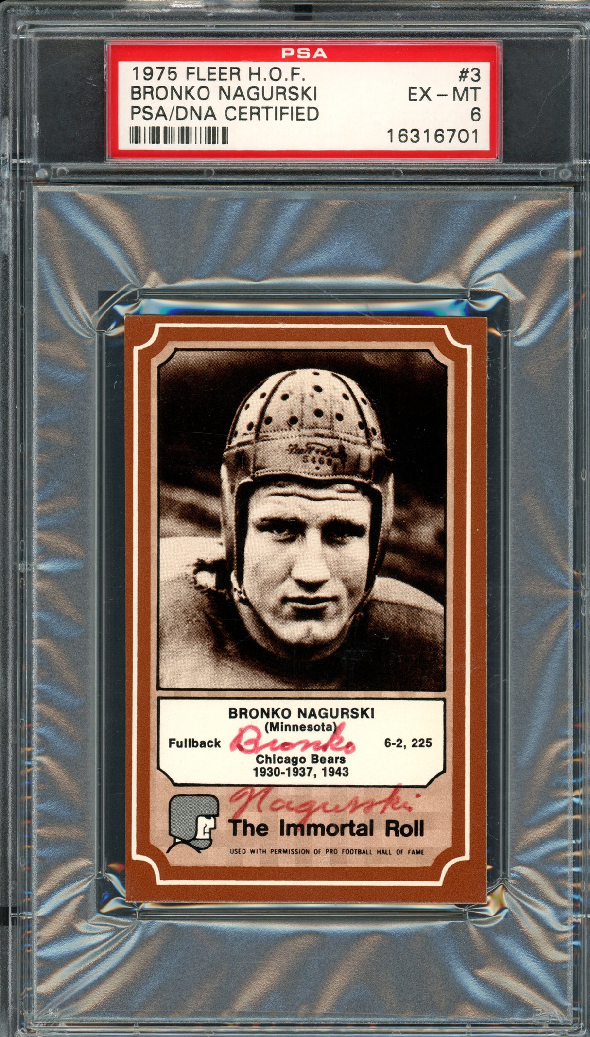 Bronko Nagurski Autographed 1975 Fleer HOF Card #3 Chicago Bears PSA 6 PSA/DNA #16316701
