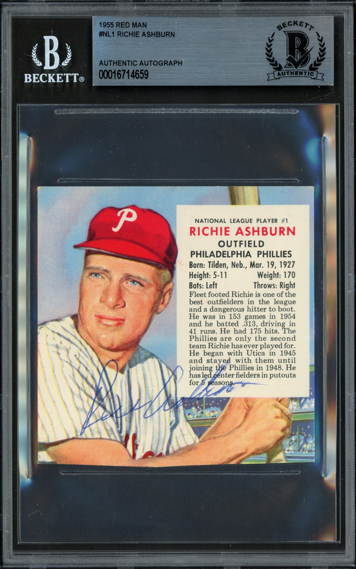 Richie Ashburn Autographed 1955 Red Man Card #NL1 Philadelphia Phillies Beckett BAS #16714659
