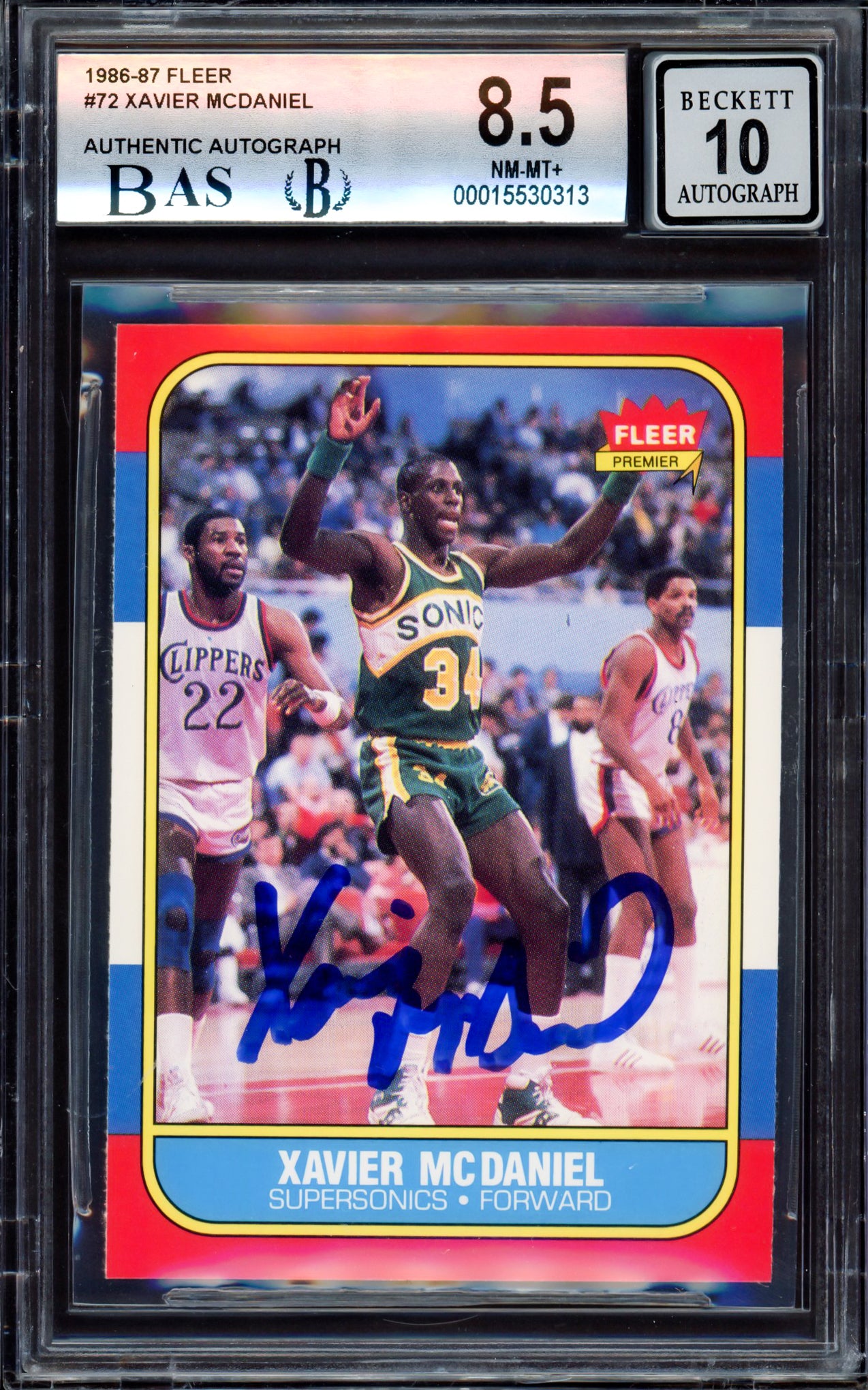 Xavier McDaniel Autographed 1986-87 Fleer Rookie Card #72 Seattle SuperSonics BGS 8.5 Auto Grade Gem Mint 10 Beckett BAS Stock #214850
