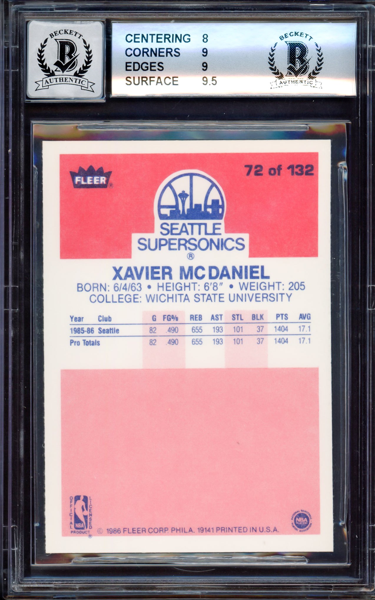 Xavier McDaniel Autographed 1986-87 Fleer Rookie Card #72 Seattle SuperSonics BGS 8.5 Auto Grade Gem Mint 10 Beckett BAS Stock #214850