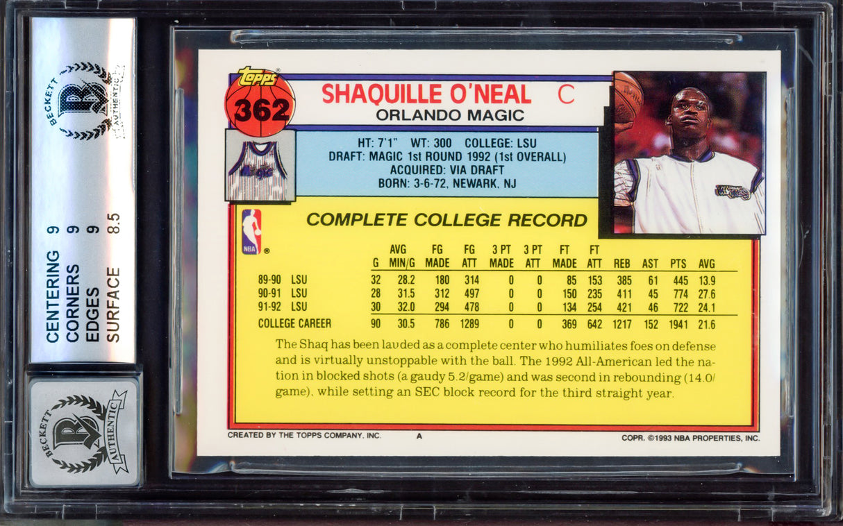 Shaquille "Shaq" O'Neal Autographed 1992-93 Topps Rookie Card #362 Orlando Magic BGS 9 Auto Grade Gem Mint 10 Beckett BAS Stock #214851