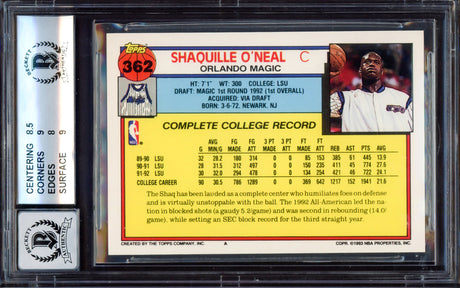 Shaquille "Shaq" O'Neal Autographed 1992-93 Topps Rookie Card #362 Orlando Magic BGS 8.5 Auto Grade Gem Mint 10 Beckett BAS Stock #214852