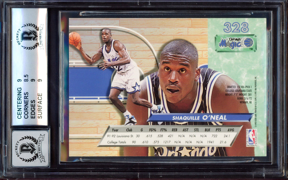 Shaquille "Shaq" O'Neal Autographed 1992-93 Fleer Ultra Rookie Card #328 Orlando Magic BGS 9 Auto Grade Gem Mint 10 Beckett BAS Stock #214854