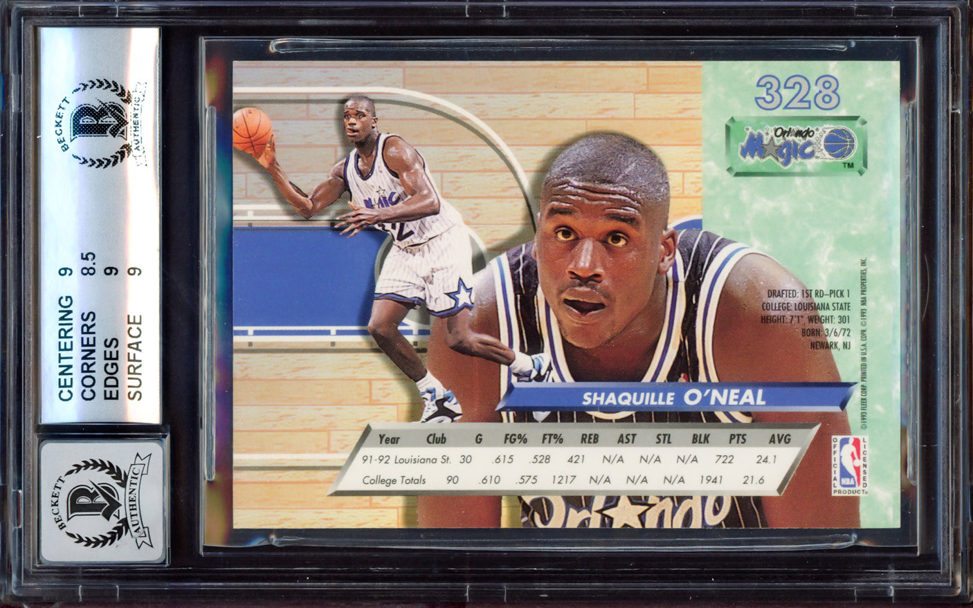 Shaquille "Shaq" O'Neal Autographed 1992-93 Fleer Ultra Rookie Card #328 Orlando Magic BGS 9 Auto Grade Gem Mint 10 Beckett BAS Stock #214854