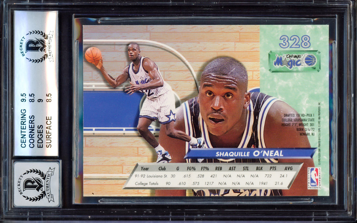 Shaquille "Shaq" O'Neal Autographed 1992-93 Fleer Ultra Rookie Card #328 Orlando Magic BGS 8.5 Auto Grade Gem Mint 10 Beckett BAS Stock #214855