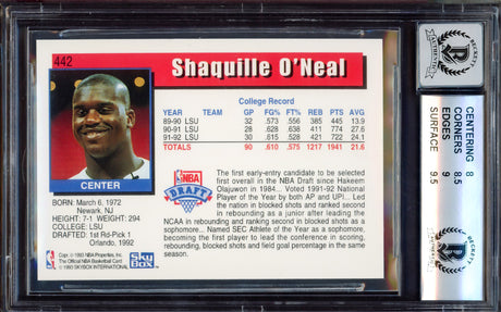 Shaquille "Shaq" O'Neal Autographed 1992-93 Hoops Rookie Card #442 Orlando Magic BGS 8.5 Auto Grade Gem Mint 10 Beckett BAS Stock #214856