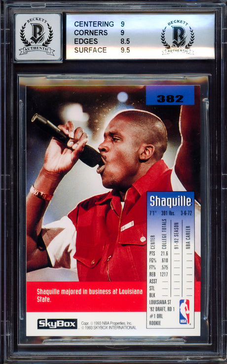 Shaquille "Shaq" O'Neal Autographed 1992-93 Skybox Rookie Card #382 Orlando Magic BGS 9 Auto Grade Gem Mint 10 Beckett BAS Stock #214857
