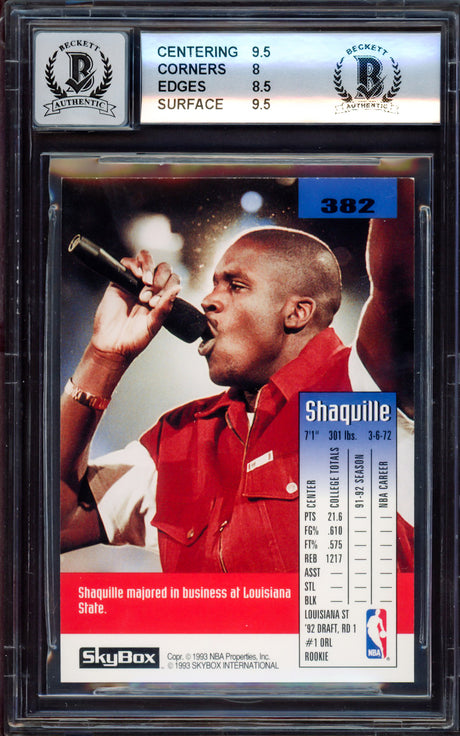 Shaquille "Shaq" O'Neal Autographed 1992-93 Skybox Rookie Card #382 Orlando Magic BGS 8.5 Auto Grade Gem Mint 10 Beckett BAS Stock #214858