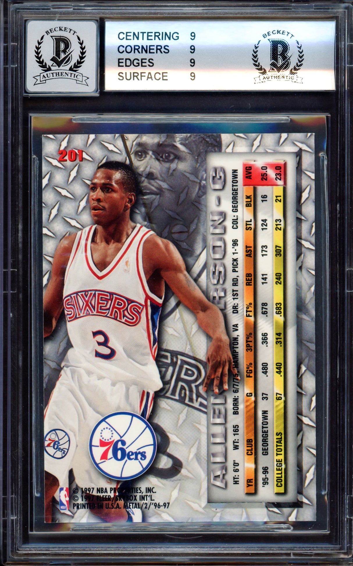 Allen Iverson Autographed 1996-97 Fleer Metal Rookie Card #201 Philadelphia 76ers BGS 9 Auto Grade Gem Mint 10 Beckett BAS Stock #214859