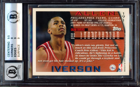 Allen Iverson Autographed 1996-97 Topps Rookie Card #171 Philadelphia 76ers BGS 9 Auto Grade Gem Mint 10 Beckett BAS Stock #214860