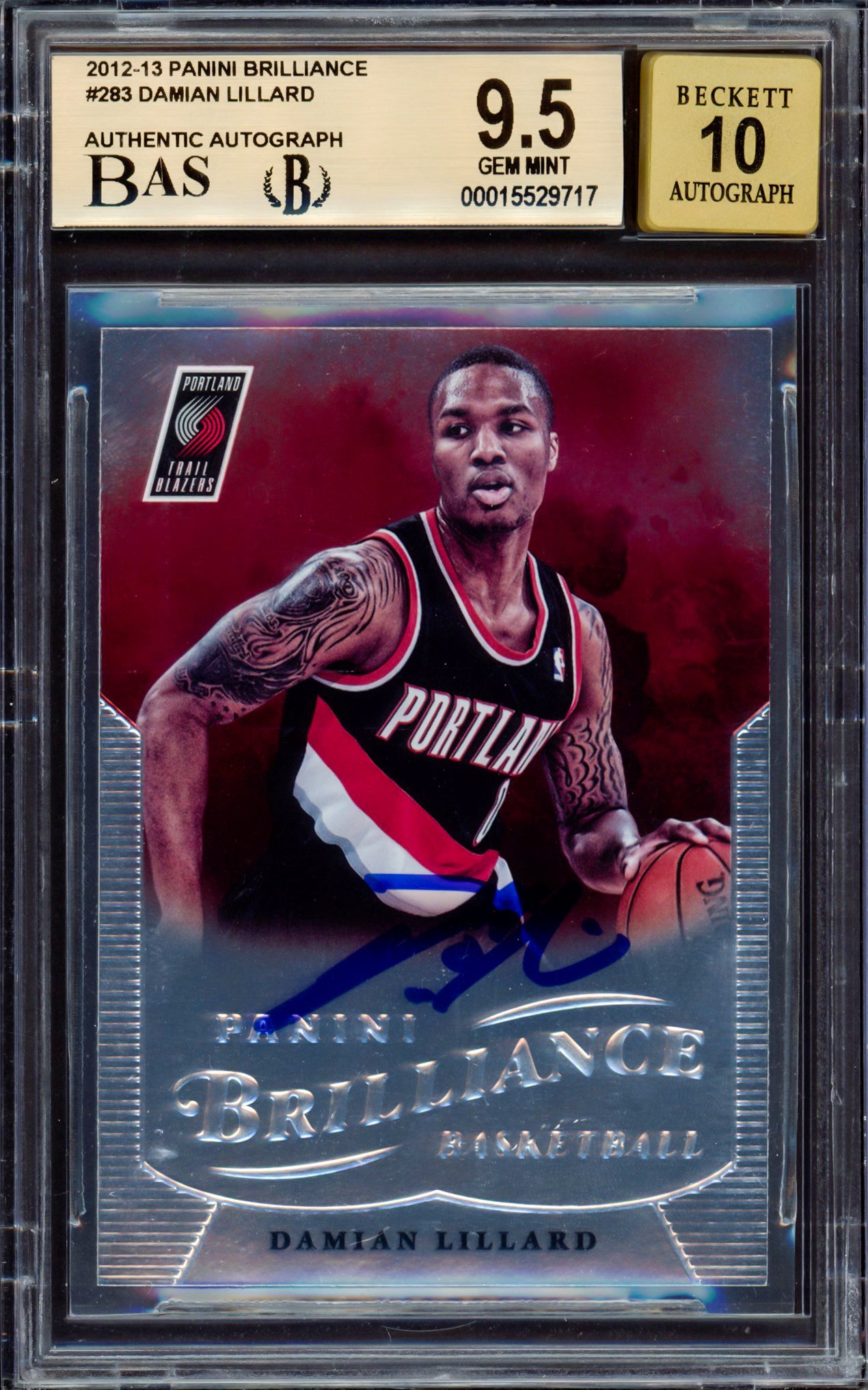 Damian Lillard Autographed 2012-13 Panini Brilliance Rookie Card #283 Portland Trail Blazers BGS 9.5 Auto Grade Gem Mint 10 Beckett BAS Stock #214865
