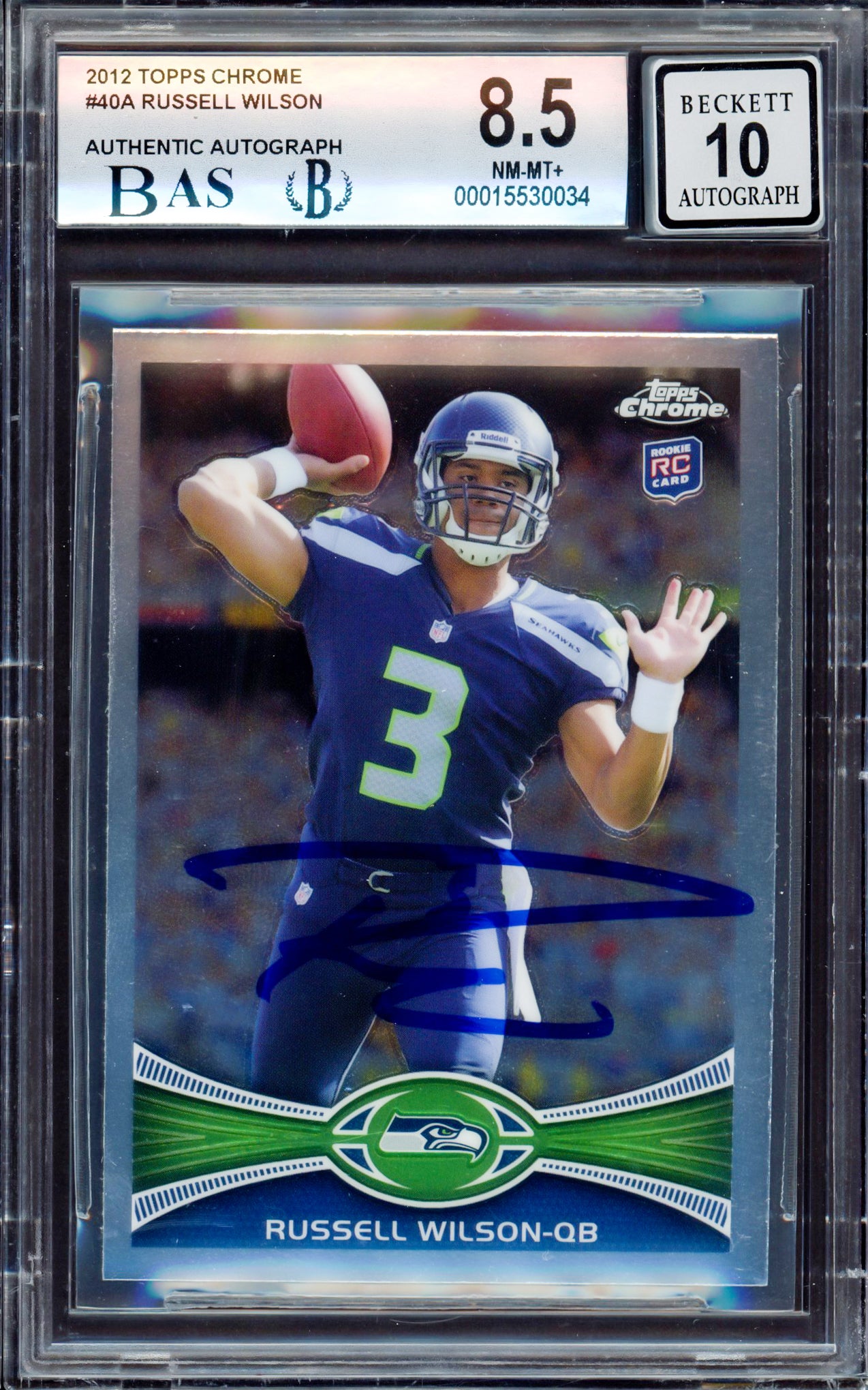 Russell Wilson Autographed 2012 Topps Chrome Rookie Card #40A Seattle Seahawks BGS 8.5 Auto Grade Gem Mint 10 Beckett BAS Stock #214867