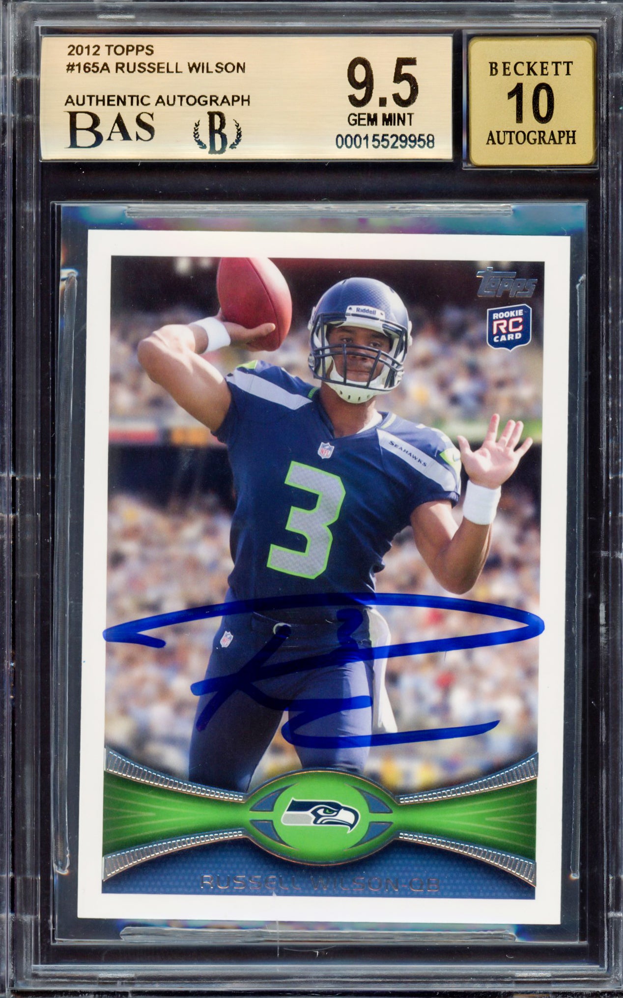 Russell Wilson Autographed 2012 Topps Rookie Card #165A Seattle Seahawks BGS 9.5 Auto Grade Gem Mint 10 Beckett BAS Stock #214868