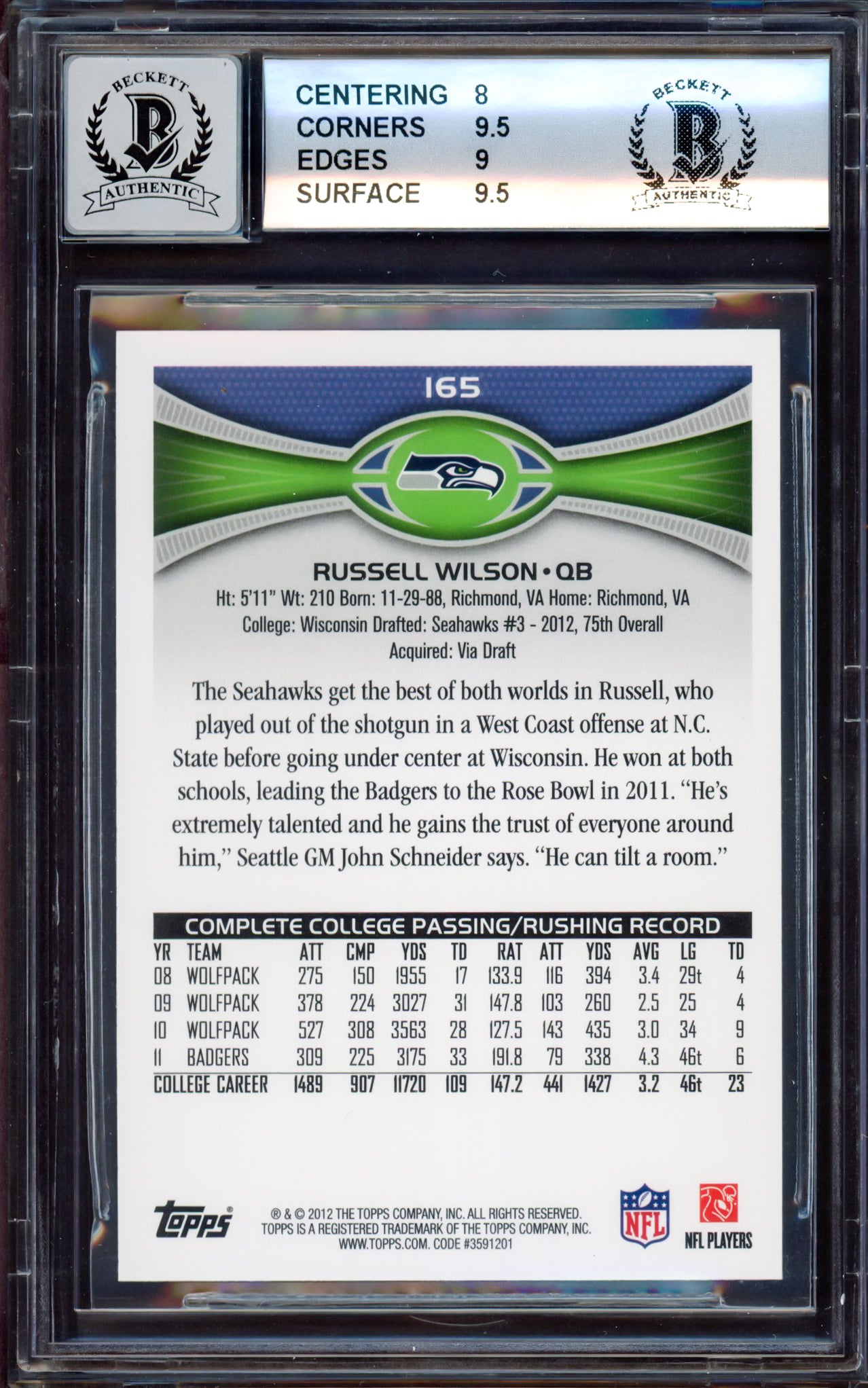 Russell Wilson Autographed 2012 Topps Rookie Card #165A Seattle Seahawks BGS 8.5 Auto Grade Gem Mint 10 Beckett BAS Stock #214870
