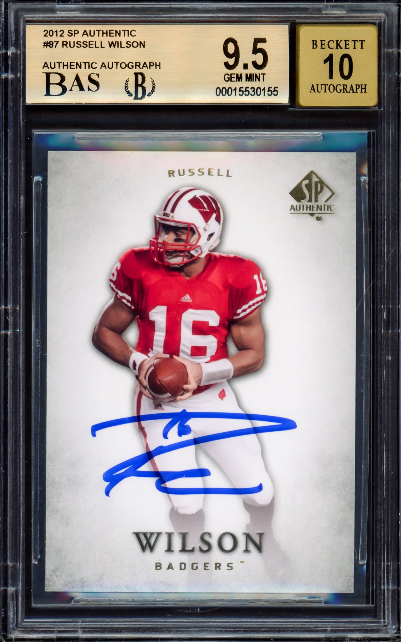 Russell Wilson Autographed 2012 SP Authentic Rookie Card #87 Wisconsin Badgers BGS 9.5 Auto Grade Gem Mint 10 Beckett BAS Stock #214871