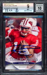 Russell Wilson Autographed 2012 Upper Deck Rookie Card #134 Wisconsin Badgers BGS 9 Auto Grade Gem Mint 10 Beckett BAS Stock #214873