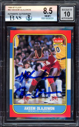 Hakeem Olajuwon Autographed 1986-87 Fleer Rookie Card #82 Houston Rockets BGS 8.5 Auto Grade Gem Mint 10 "The Dream" Beckett BAS #15530331