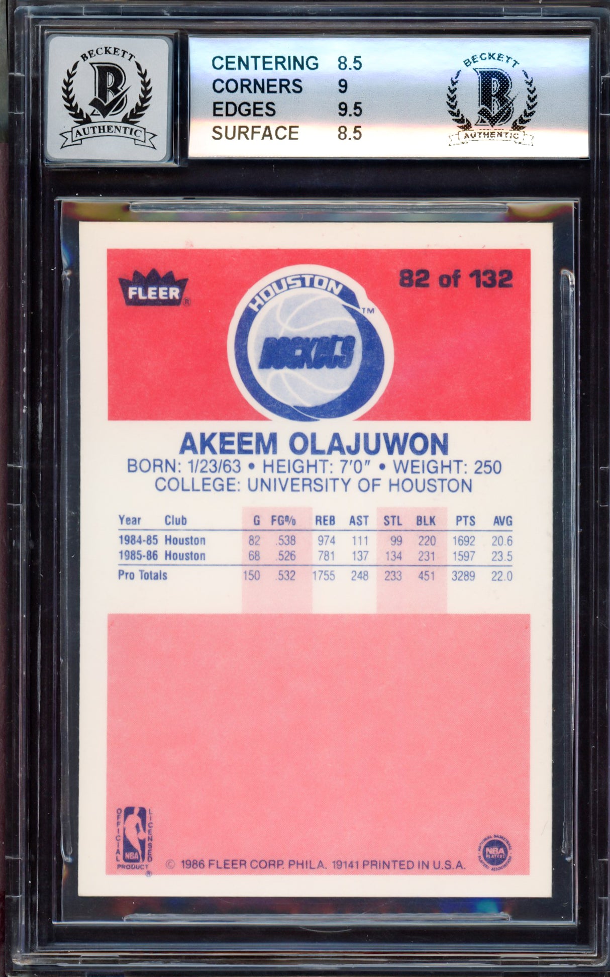 Hakeem Olajuwon Autographed 1986-87 Fleer Rookie Card #82 Houston Rockets BGS 8.5 Auto Grade Gem Mint 10 "The Dream" Beckett BAS #15530336