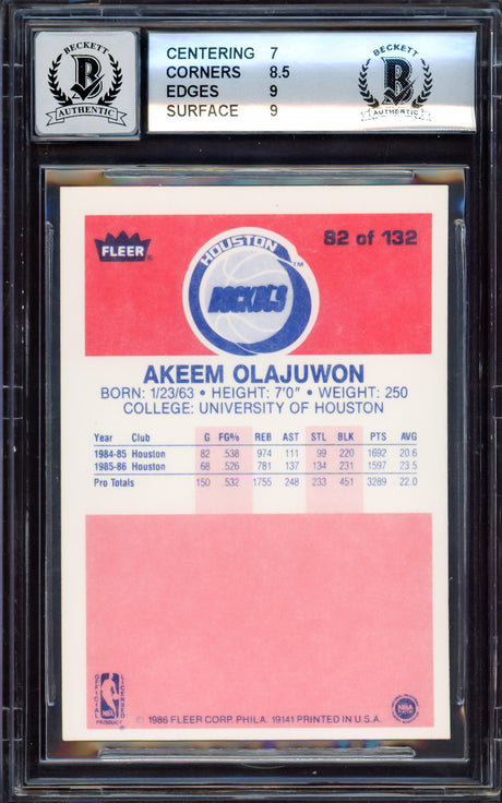 Hakeem Olajuwon Autographed 1986-87 Fleer Rookie Card #82 Houston Rockets BGS 7.5 Auto Grade Gem Mint 10 "The Dream" Beckett BAS #15530324