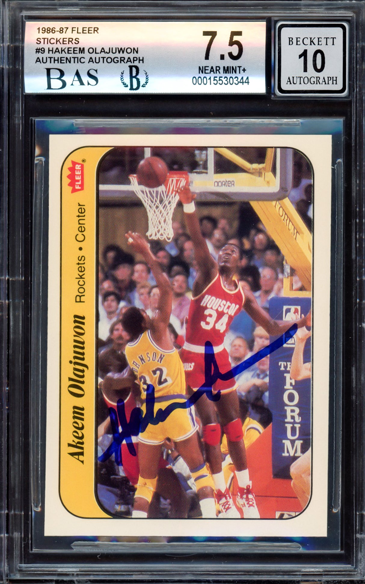 Hakeem Olajuwon Autographed 1986-87 Fleer Stickers Rookie Card #9 Houston Rockets BGS 7.5 Auto Grade Gem Mint 10 Beckett BAS #15530344
