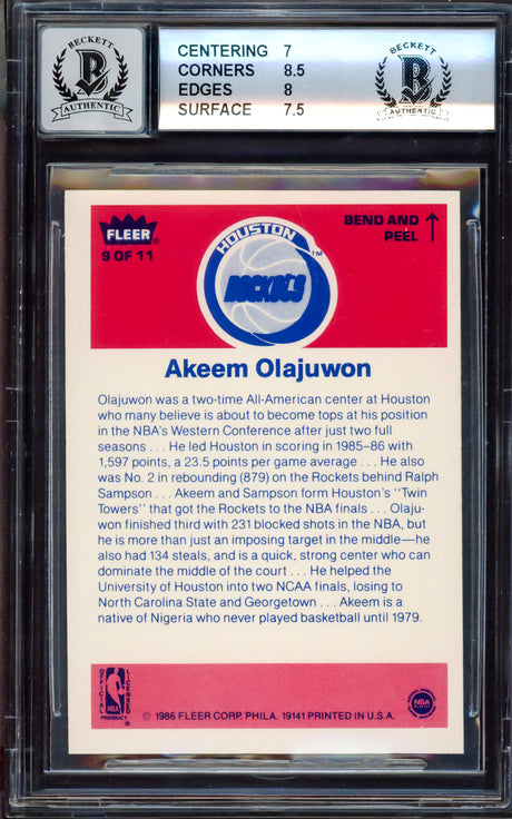 Hakeem Olajuwon Autographed 1986-87 Fleer Stickers Rookie Card #9 Houston Rockets BGS 7.5 Auto Grade Gem Mint 10 Beckett BAS #15530344