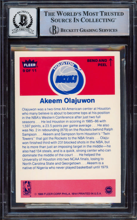 Hakeem Olajuwon Autographed 1986-87 Fleer Stickers Rookie Card #9 Houston Rockets Auto Grade Gem Mint 10 "The Dream" Beckett BAS #15531277