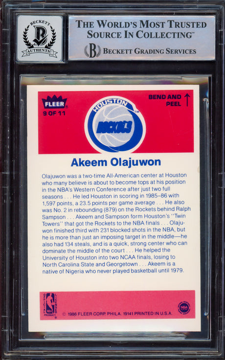 Hakeem Olajuwon Autographed 1986-87 Fleer Stickers Rookie Card #9 Houston Rockets Auto Grade Gem Mint 10 Beckett BAS #15531278