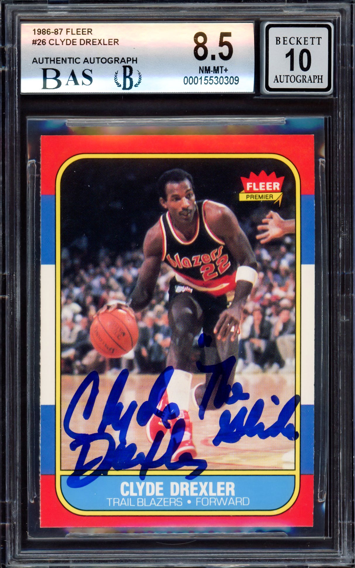 Clyde Drexler Autographed 1986-87 Fleer Rookie Card #26 Portland Trail Blazers BGS 8.5 Auto Grade Gem Mint 10 "The Glide" Beckett BAS #15530309