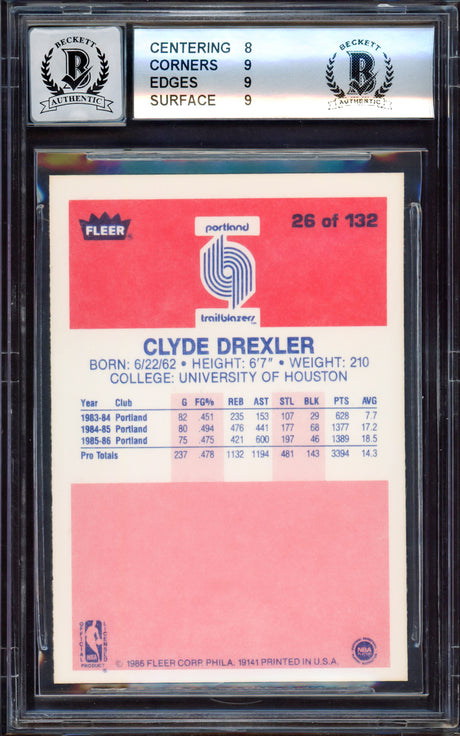 Clyde Drexler Autographed 1986-87 Fleer Rookie Card #26 Portland Trail Blazers BGS 8.5 Auto Grade Gem Mint 10 "The Glide" Beckett BAS #15530309