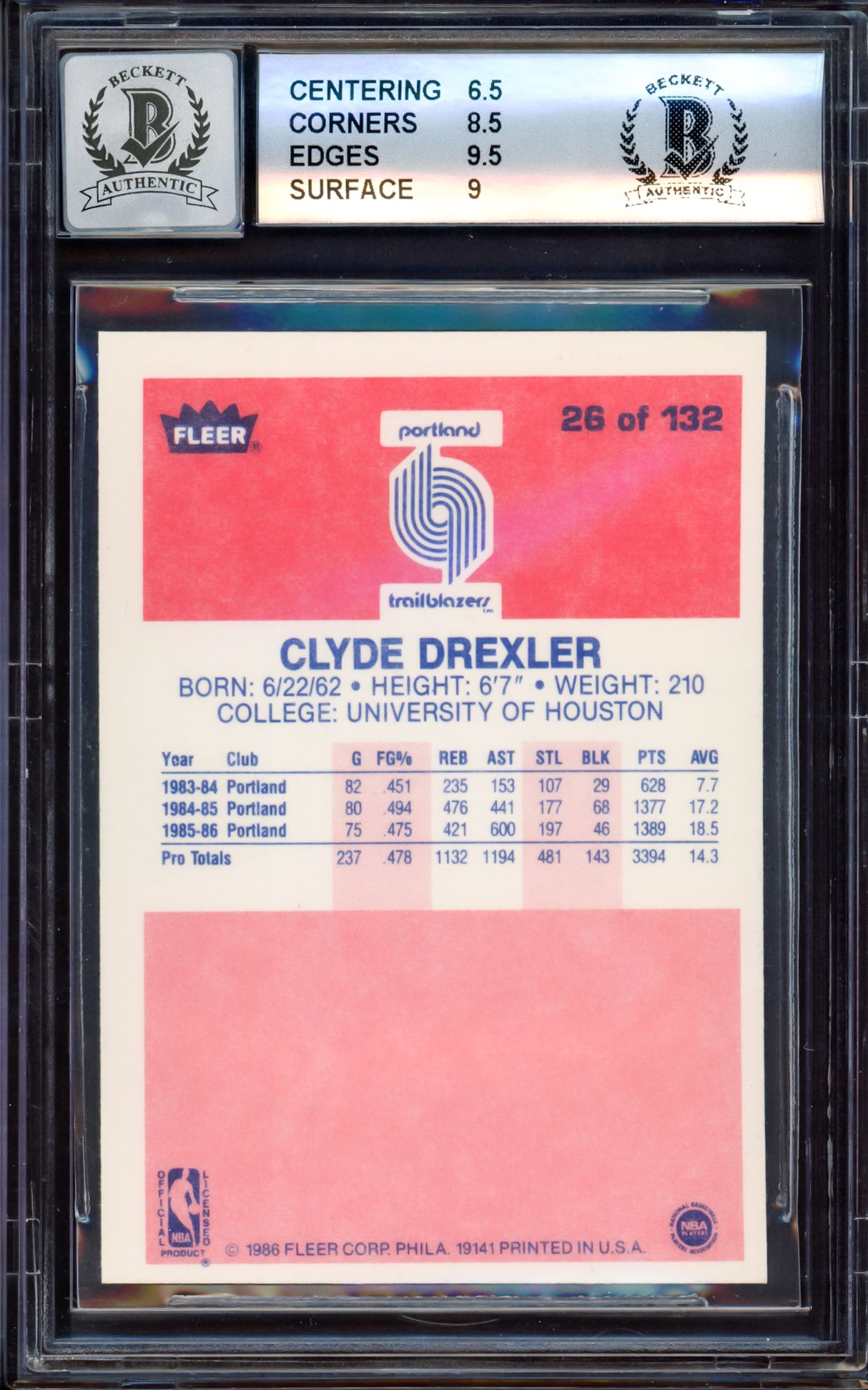 Clyde Drexler Autographed 1986-87 Fleer Rookie Card #26 Portland Trail Blazers BGS 7.5 Auto Grade Gem Mint 10 "The Glide" Beckett BAS #15530303