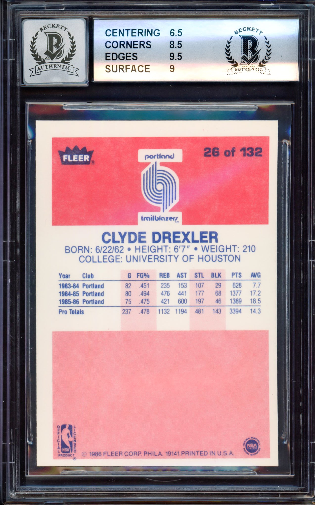 Clyde Drexler Autographed 1986-87 Fleer Rookie Card #26 Portland Trail Blazers BGS 7.5 Auto Grade Gem Mint 10 "The Glide" Beckett BAS #15530303