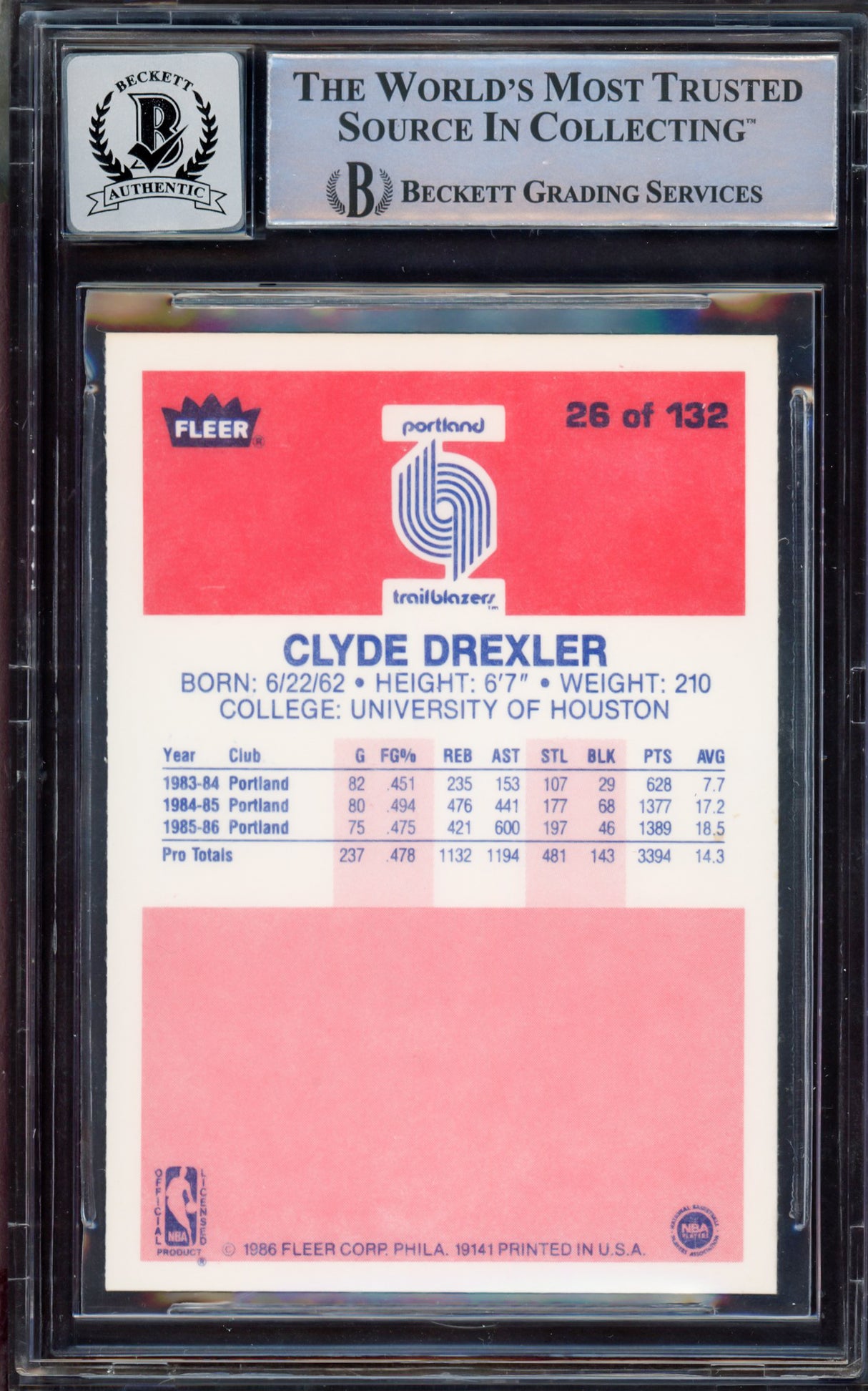 Clyde Drexler Autographed 1986-87 Fleer Rookie Card #26 Portland Trail Blazers Auto Grade Gem Mint 10 "The Glide" Beckett BAS #15531279