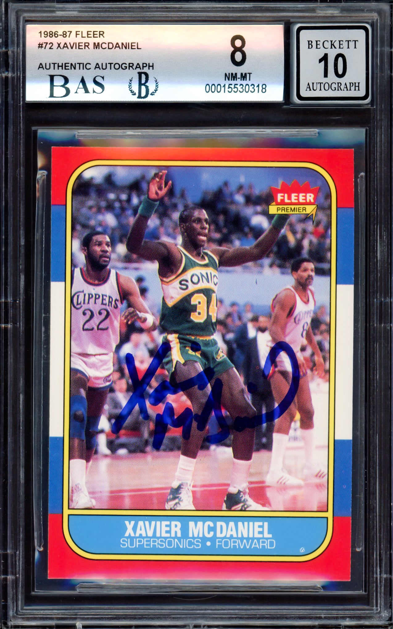 Xavier McDaniel Autographed 1986-87 Fleer Rookie Card #72 Seattle SuperSonics BGS 8 Auto Grade Gem Mint 10 Beckett BAS #15530318