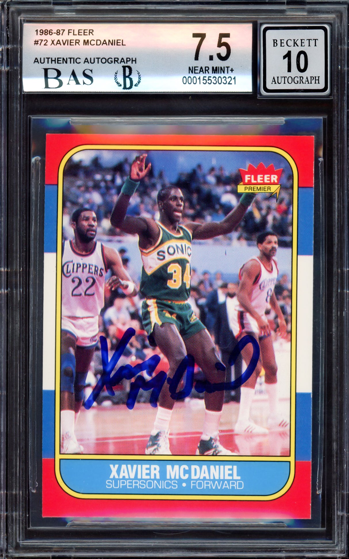 Xavier McDaniel Autographed 1986-87 Fleer Rookie Card #72 Seattle SuperSonics BGS 7.5 Auto Grade Gem Mint 10 Beckett BAS #15530321
