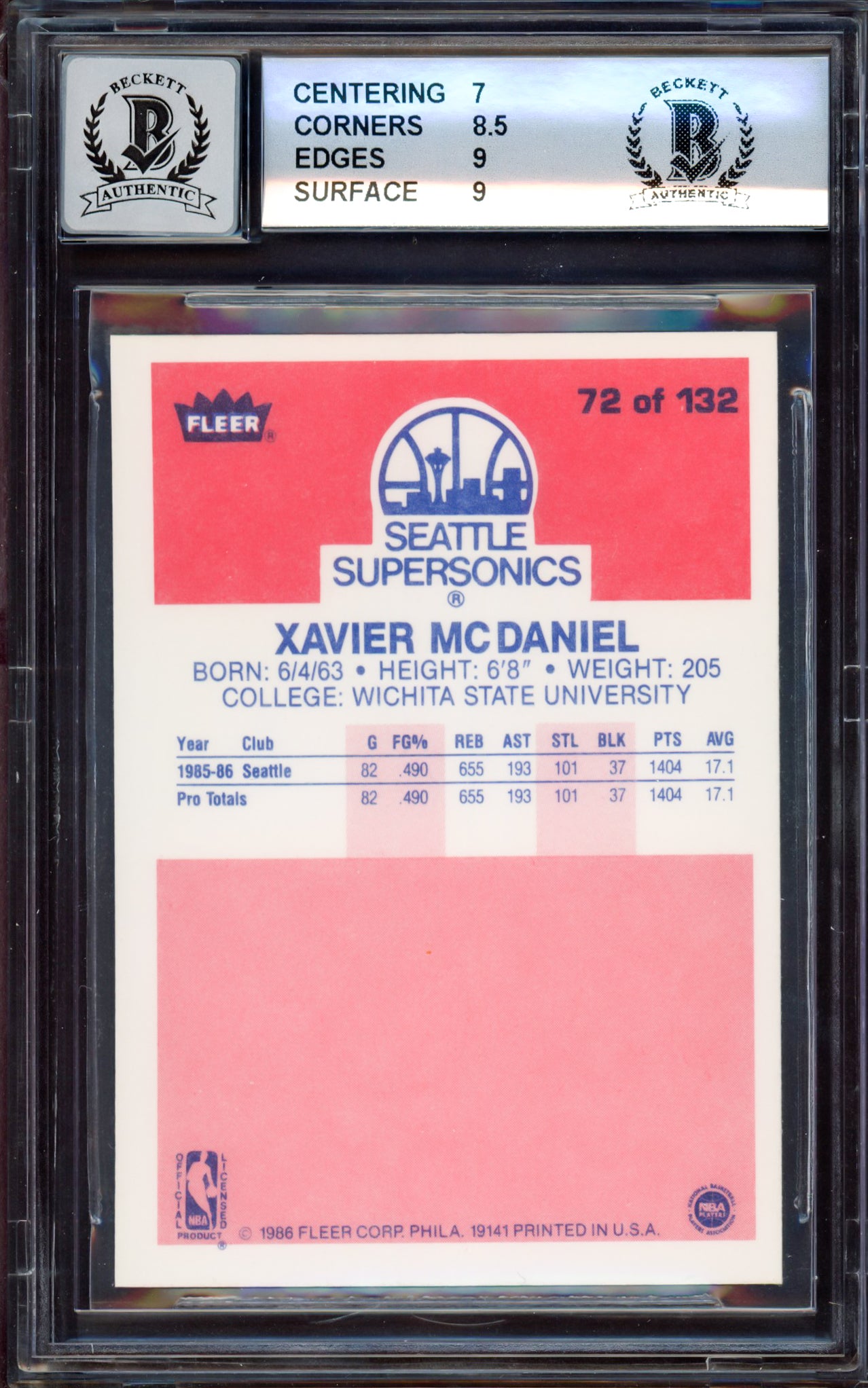 Xavier McDaniel Autographed 1986-87 Fleer Rookie Card #72 Seattle SuperSonics BGS 7.5 Auto Grade Gem Mint 10 Beckett BAS #15530321