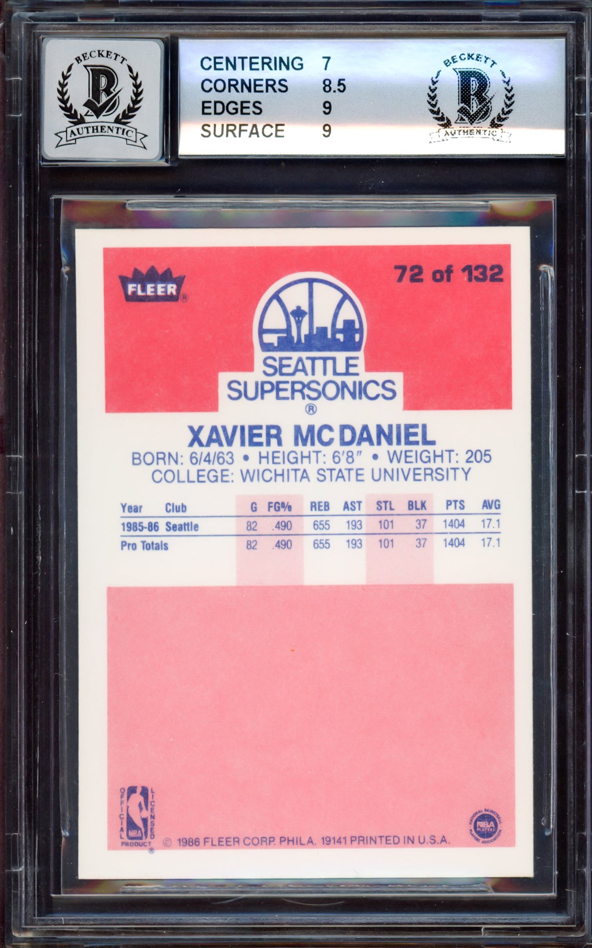Xavier McDaniel Autographed 1986-87 Fleer Rookie Card #72 Seattle SuperSonics BGS 7.5 Auto Grade Gem Mint 10 Beckett BAS #15530321