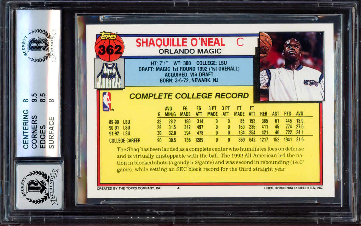 Shaquille "Shaq" O'Neal Autographed 1992-93 Topps Rookie Card #362 Orlando Magic BGS 8 Auto Grade Gem Mint 10 Beckett BAS #15530685