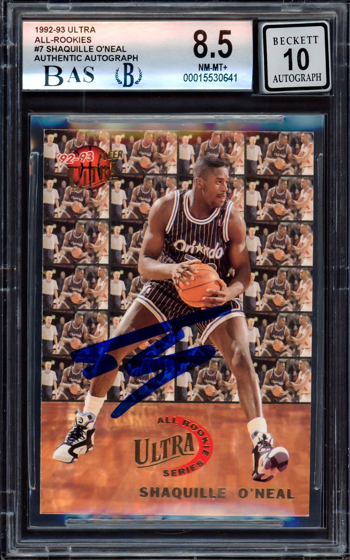 Shaquille "Shaq" O'Neal Autographed 1992-93 Fleer Ultra All Rookie Team Rookie Card #7 Orlando Magic BGS 8.5 Auto Grade Gem Mint 10 Beckett BAS #15530641