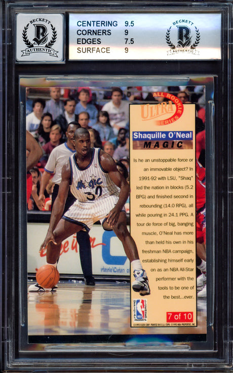 Shaquille "Shaq" O'Neal Autographed 1992-93 Fleer Ultra All Rookie Team Rookie Card #7 Orlando Magic BGS 8.5 Auto Grade Gem Mint 10 Beckett BAS #15530641