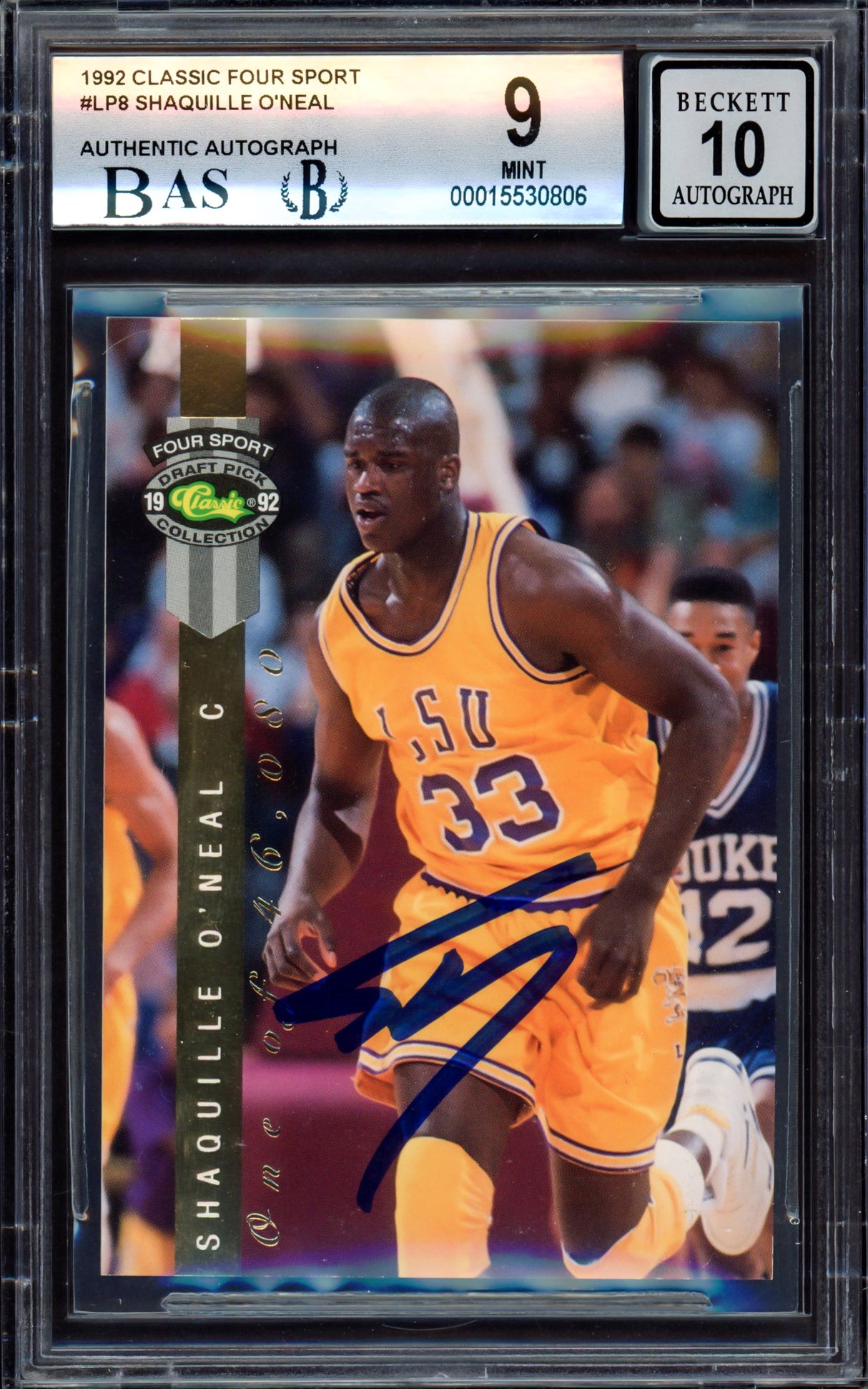 Shaquille "Shaq" O'Neal Autographed 1992-93 Classic Four Sport Rookie Card #LP8 Orlando Magic BGS 9 Auto Grade Gem Mint 10 Beckett BAS #15530806