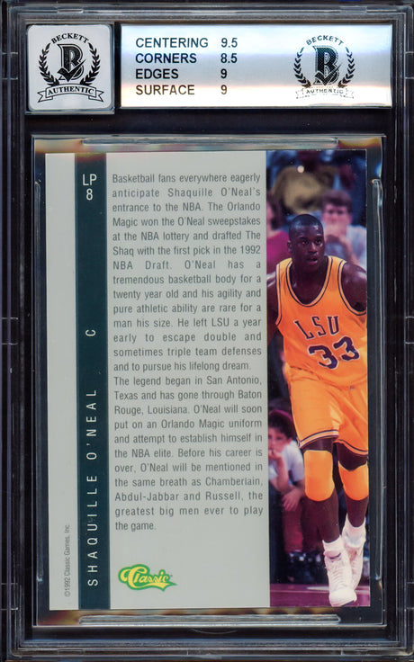 Shaquille "Shaq" O'Neal Autographed 1992-93 Classic Four Sport Rookie Card #LP8 Orlando Magic BGS 9 Auto Grade Gem Mint 10 Beckett BAS #15530806