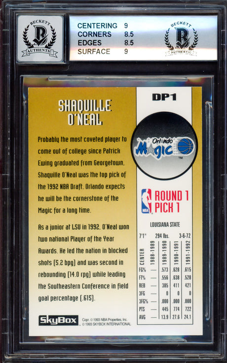 Shaquille "Shaq" O'Neal Autographed 1992-93 Skybox Draft Pick Rookie Card #DP1 Orlando Magic BGS 8.5 Auto Grade Gem Mint 10 Beckett BAS #15530804
