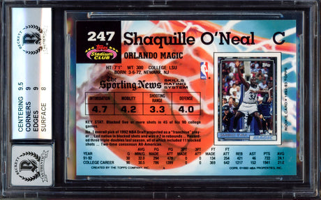 Shaquille "Shaq" O'Neal Autographed 1992-93 Stadium Club Rookie Card #247 Orlando Magic BGS 8.5 Auto Grade Gem Mint 10 Beckett BAS #15530639