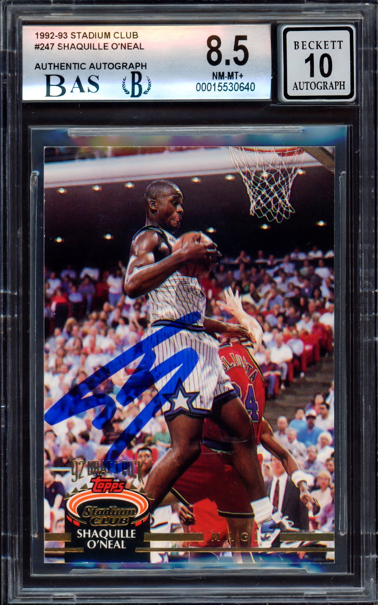Shaquille "Shaq" O'Neal Autographed 1992-93 Stadium Club Rookie Card #247 Orlando Magic BGS 8.5 Auto Grade Gem Mint 10 Beckett BAS #15530640