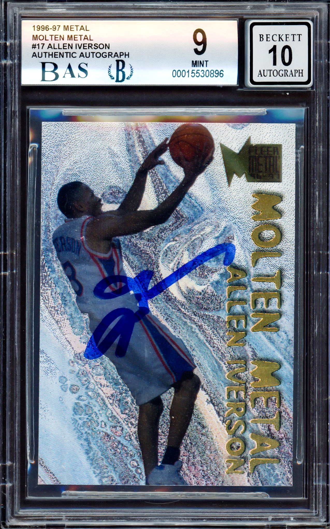 Allen Iverson Autographed 1996-97 Fleer Molten Metal Rookie Card #17 Philadelphia 76ers BGS 9 Auto Grade Gem Mint 10 Beckett BAS #15530896