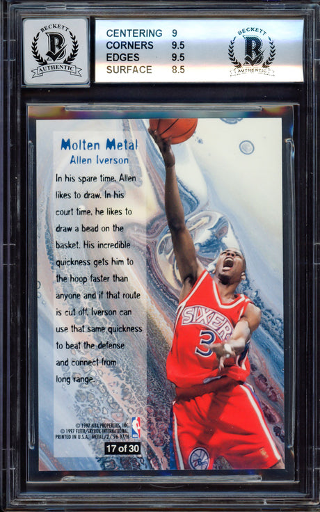 Allen Iverson Autographed 1996-97 Fleer Molten Metal Rookie Card #17 Philadelphia 76ers BGS 9 Auto Grade Gem Mint 10 Beckett BAS #15530896