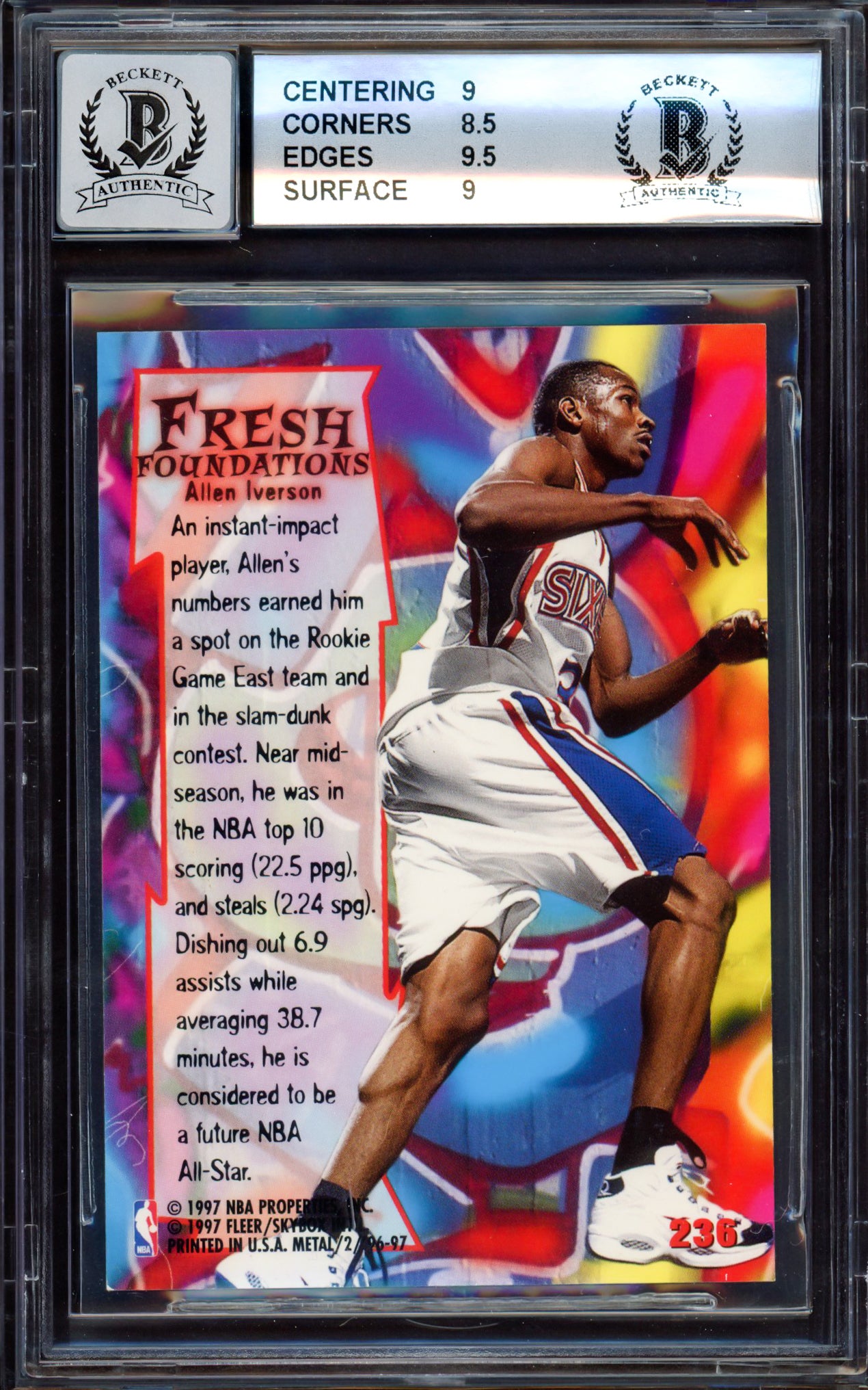 Allen Iverson Autographed 1996-97 Fleer Metal Fresh Foundations Rookie Card #236 Philadelphia 76ers BGS 9 Auto Grade Gem Mint 10 Beckett BAS #15530893